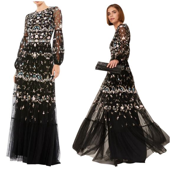 Mac Duggal NWT Floral Embellished Embroidered Gown Blouson Sleeves Size 18 Black